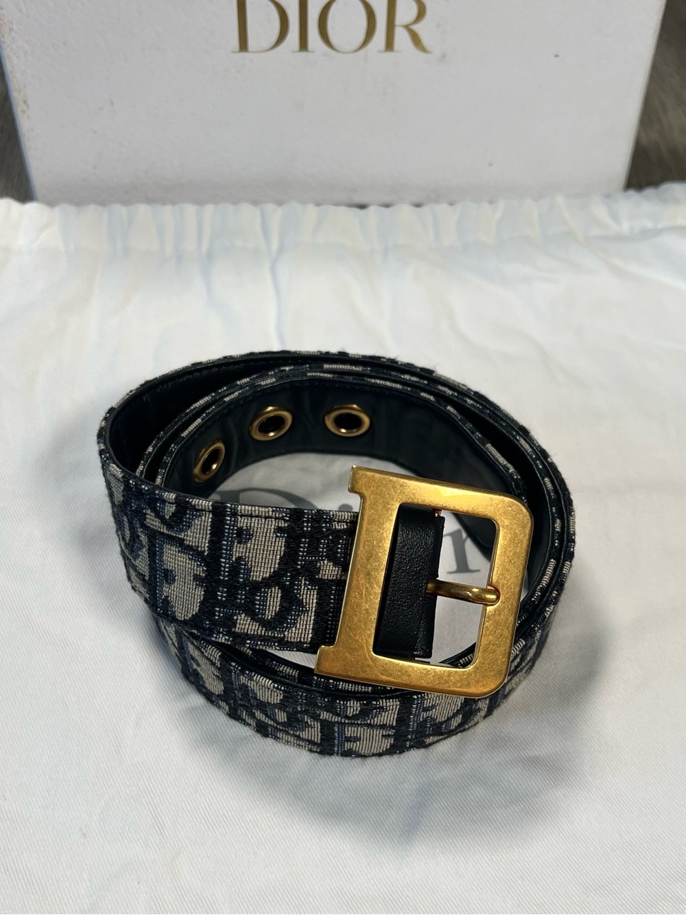 Dior Diorquake Size 85cm Navy Blue Oblique Canvas Gold Logo Buckle Belt Italy
